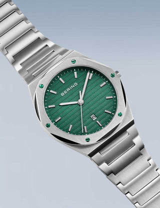 Angle shot of Bering 19742-708 Green Dial Silver Stainless Steel Unisex Watch on white background