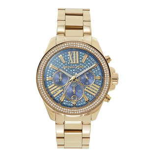 Front view of Michael Kors Wren MK6291 Blue Dial Gold Stainless Steel Womens Watch on white background