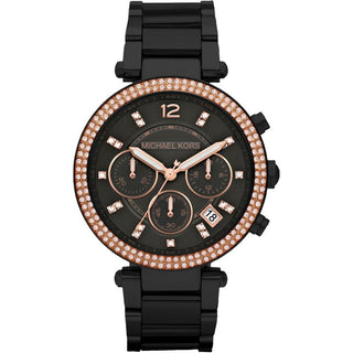 Front view of Michael Kors Parker MK5885 Black Stainless Steel Womens Watch on white background