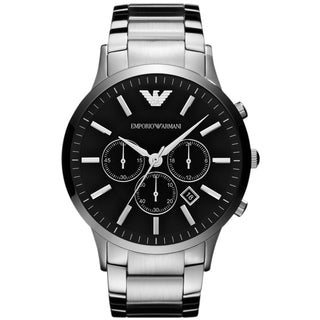Front view of Emporio Armani Sportivo Chronograph AR2460 Black Dial Silver Stainless Steel Mens Watch on white background