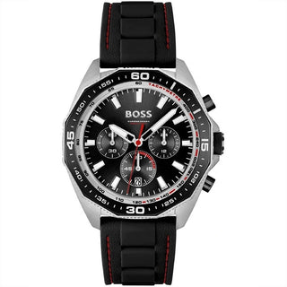 Front view of Hugo Boss Chronograph 1513969 Black Dial Silicone Mens Watch on white background