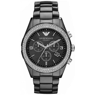 Front view of Emporio Armani Ceramica AR1455 Black Dial Ceramic Mens Watch on white background
