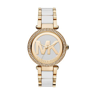 Front view of Michael Kors Parker MK6313 White Dial Gold Stainless Steel Womens Watch on white background