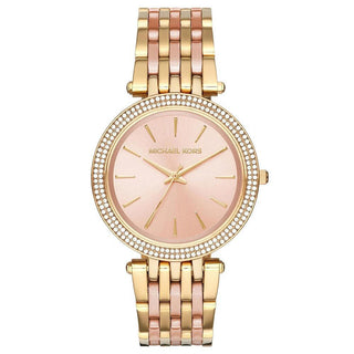 Front view of Michael Kors Darci MK3507 Rose Gold Dial Gold Stainless Steel Womens Watch on white background