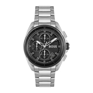 Front view of Hugo Boss Chronograph 1513949 Black Dial Stainless Steel Mens Watch on white background