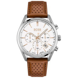 Front view of Hugo Boss Chronograph 1513879 White Dial Brown Leather Mens Watch on white background