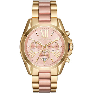 Front view of Michael Kors Bradshaw Chronograph MK6359 Rose Gold Dial Gold Stainless Steel Womens Watch on white background