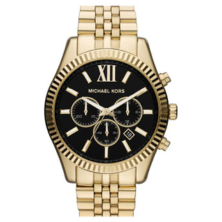 Front view of Michael Kors Lexington Chronograph MK8286 Black Dial Gold Stainless Steel Mens Watch on white background