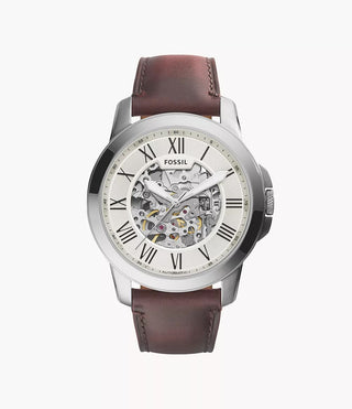 Front view of Fossil Grant Beige ME3099 Brown Leather Mens Watch on white background