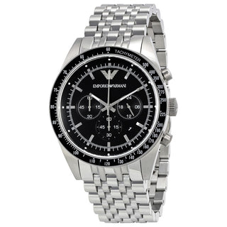 Front view of Emporio Armani Tazio Chronograph AR5988 Black Dial Silver Stainless Steel Mens Watch on white background