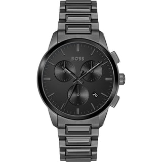 Front view of Hugo Boss Grey Chronograph 1513929 Black Dial Stainless Steel Mens Watch on white background