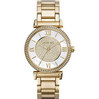 Front view of Michael Kors Kerry M MK3333 Mother Of Pearl Dial Stainless Steel Womens Watch on white background