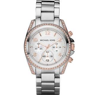 Front view of Michael Kors Blair Chronograph MK5459 Silver Stainless Steel Womens Watch on white background