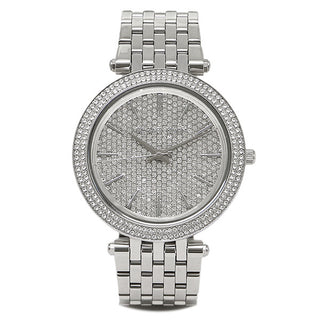 Front view of Michael Kors Darci MK3437 Silver Stainless Steel Womens Watch on white background