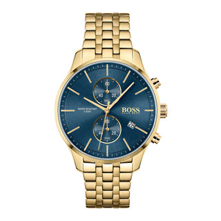 Front view of Hugo Boss Chronograph 1513841 Blue Dial Stainless Steel Mens Watch on white background