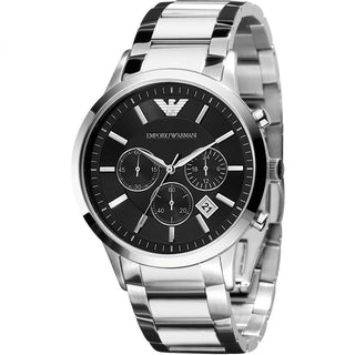 Front view of Emporio Armani Classic Chronograph AR2434 Black Dial Silver Stainless Steel Mens Watch on white background