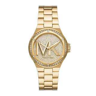 Front view of Michael Kors Lennox MK7229 Gold Stainless Steel Womens Watch on white background