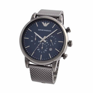 Front view of Emporio Armani Chronograph AR1979 Blue Dial Silver Stainless Steel Mens Watch on white background