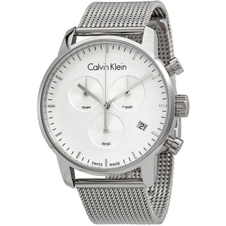 Front view of Calvin Klein City Chronograph K2G27126 White Dial Silver Stainless Steel Mens Watch on white background