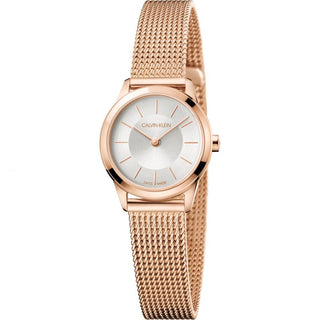 Front view of Calvin Klein Minimal K3M23626 Silver Dial Gold Stainless Steel Womens Watch on white background