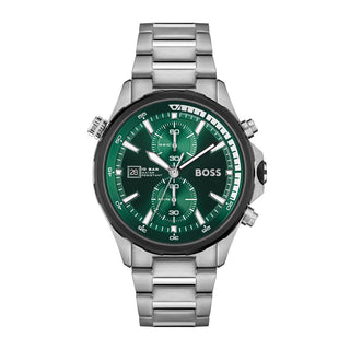 Front view of Hugo Boss Chronograph 1513930 Green Dial Stainless Steel Mens Watch on white background