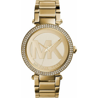 Front view of Michael Kors Parker MK5784 Gold Stainless Steel Womens Watch on white background