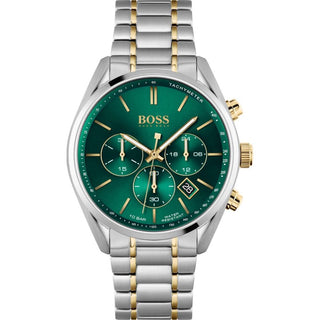 Front view of Hugo Boss Chronograph 1513878 Green Dial Two Tone Stainless Steel Mens Watch on white background