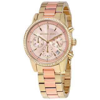 Front view of Michael Kors Ritz Chronograph MK6475 Rose Gold Dial Gold Stainless Steel Womens Watch on white background