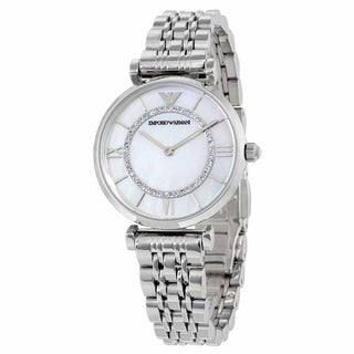 Front view of Emporio Armani Gianni TBar M AR1908 Mother Of Pearl Dial Silver Stainless Steel Womens Watch on white background