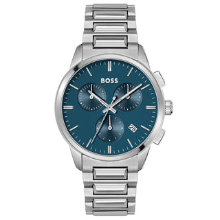 Front view of Hugo Boss Chronograph 1513927 Blue Dial Stainless Steel Mens Watch on white background