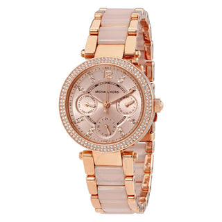 Front view of Michael Kors Mini Parker Chronograph MK6110 Rose Gold Stainless Steel Womens Watch on white background