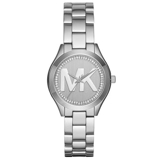 Front view of Michael Kors Mini Slim Runway MK3548 Silver Stainless Steel Womens Watch on white background