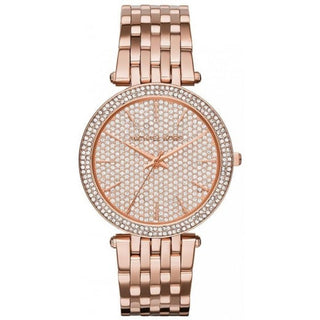 Front view of Michael Kors MK3439 Rose Gold Stainless Steel Womens Watch on white background