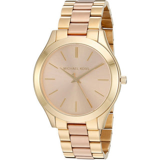 Front view of Michael Kors Slim Runway MK3493 Rose Gold Dial Gold Stainless Steel Womens Watch on white background