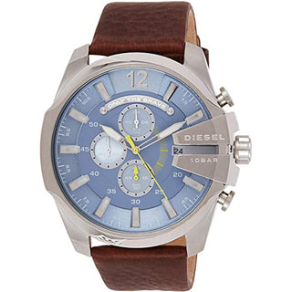 Front view of Diesel Mega Chief Light DZ4281 Blue Dial Brown Leather Mens Watch on white background