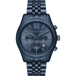 Front view of Michael Kors Lexington Chronograph MK8480 Blue Stainless Steel Mens Watch on white background