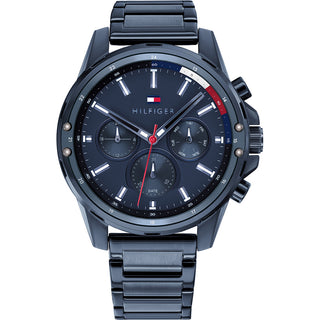 Front view of Tommy Hilfiger 1791789 Blue Dial Stainless Steel Mens Watch on white background