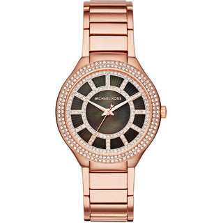 Front view of Michael Kors Kerry M MK3397 Mother Of Pearl Dial Rose Gold Stainless Steel Womens Watch on white background