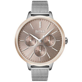 Front view of Hugo Boss Carnation 1502423 Gold Dial Stainless Steel Womens Watch on white background