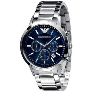 Front view of Emporio Armani Renato Chronograph AR2448 Blue Dial Silver Stainless Steel Mens Watch on white background