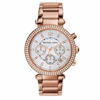 Front view of Michael Kors Parker MK5491 Mother Of Pearl Dial Rose Gold Stainless Steel Womens Watch on white background