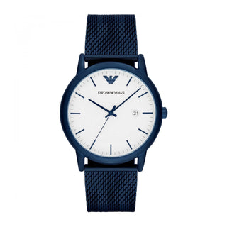 Front view of Emporio Armani Luigi AR11025 White Dial Blue Stainless Steel Mens Watch on white background