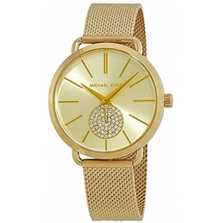 Front view of Michael Kors Portia MK3844 Gold Stainless Steel Womens Watch on white background