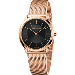 Front view of Calvin Klein Minimal K3M2262Y Black Dial Rose Gold Stainless Steel Womens Watch on white background