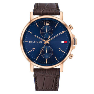Front view of Tommy Hilfiger 1710418 Brown Leather Mens Watch on white background
