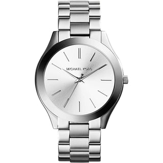 Front view of Michael Kors Slim Runway MK3178 Silver Stainless Steel Womens Watch on white background