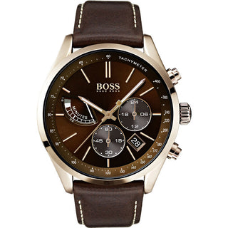 Front view of Hugo Boss 1513605 Brown Leather Mens Watch on white background