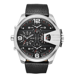 Front view of Diesel Uber Chief Oversized 4 Time DZ7376 Black Leather Mens Watch on white background