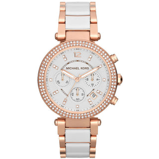 Front view of Michael Kors Parker Chronograph MK5774 White Plastic Womens Watch on white background