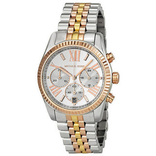 Front view of Michael Kors Lexington Chronograph MK5735 Silver Dial Two Tone Stainless Steel Womens Watch on white background